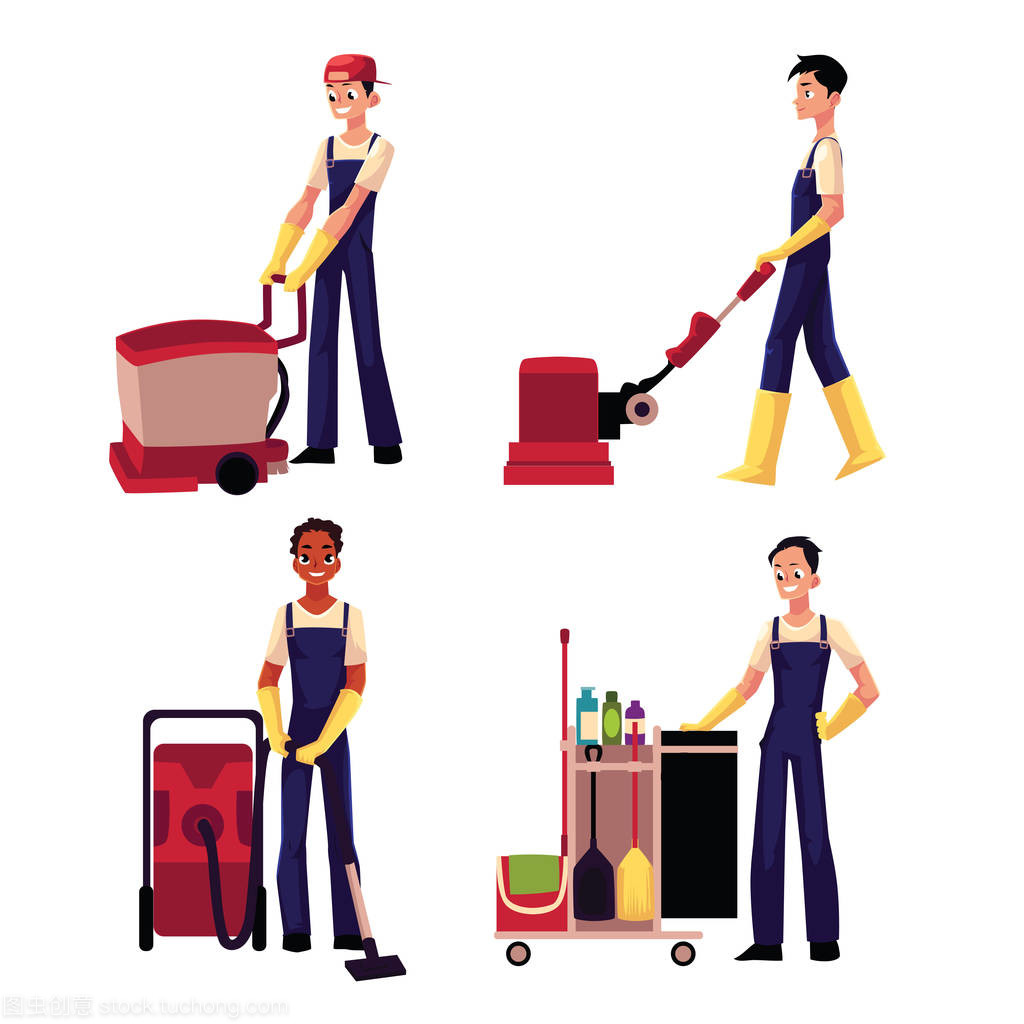 清洁服务男孩与真空吸尘器、 地板清洗机、 小车